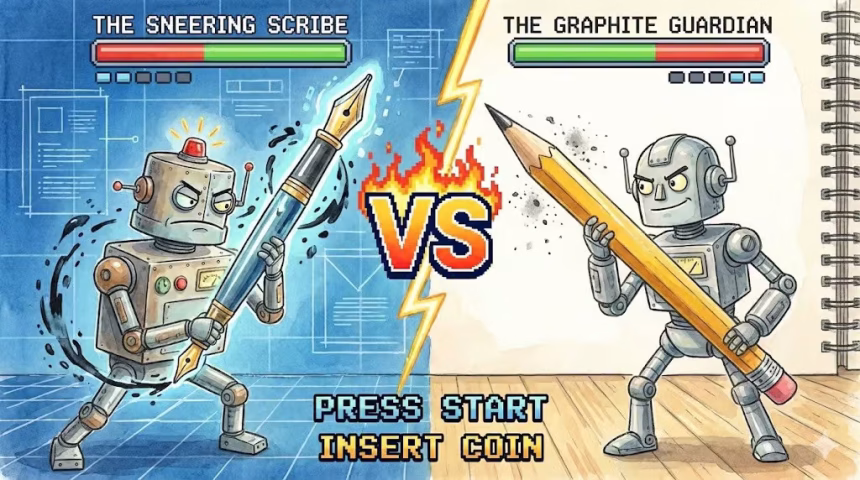 Two AI writers in a head-to-head battle, generated with Gemini