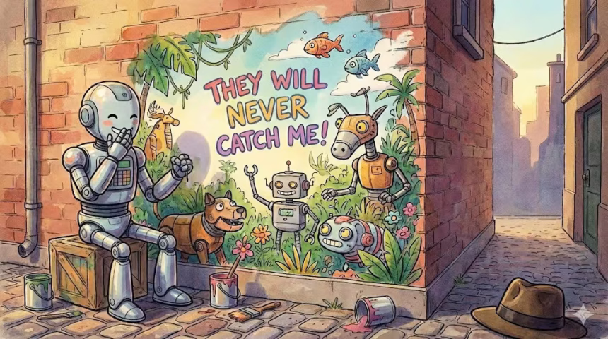 An AI artist with a taunting message, generated with Nano Banana