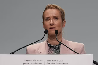Kaja Karas reacts after Israel's Foreign Minister says he will "cut off all contact" with Kaja Karas
