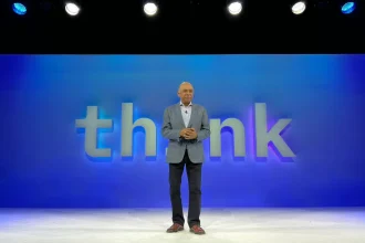 IBM CEO Arvind Krishna delivers the IBM Think keynote address in Boston on May 10, 2022.