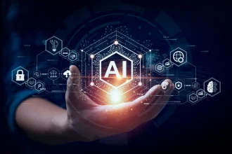 Businessman touching the brain working of Artificial Intelligence (AI) Automation, Predictive analytics, Customer service AI-powered chatbot, analyze customer data, business and technology