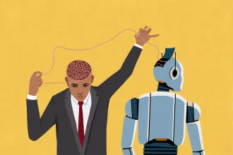 Businessman pulling at thread connecting his brain and open head of AI robot on yellow background
