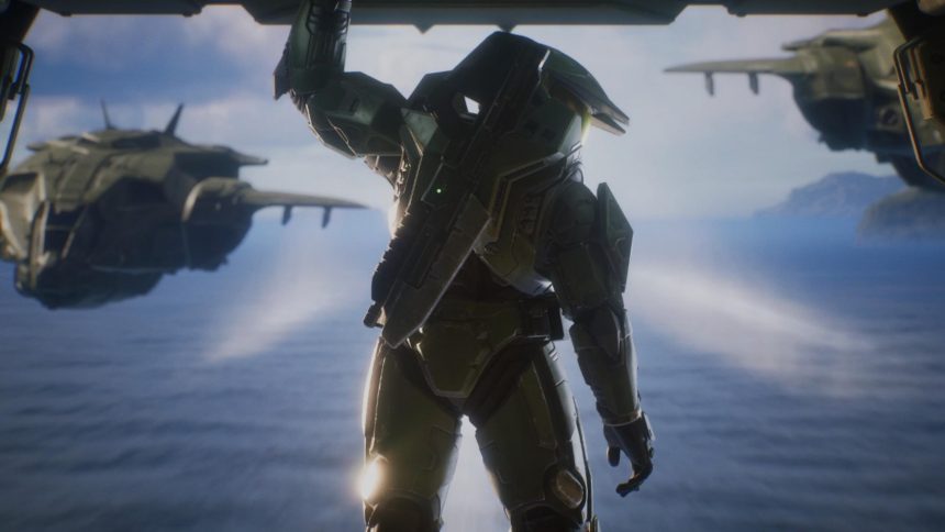 Chief at the back of a dropship in Halo Campaign Evolved.