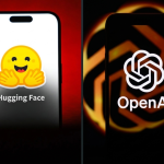 A split screen illustration featuring the logos of Hugging Face and OpenAI.
